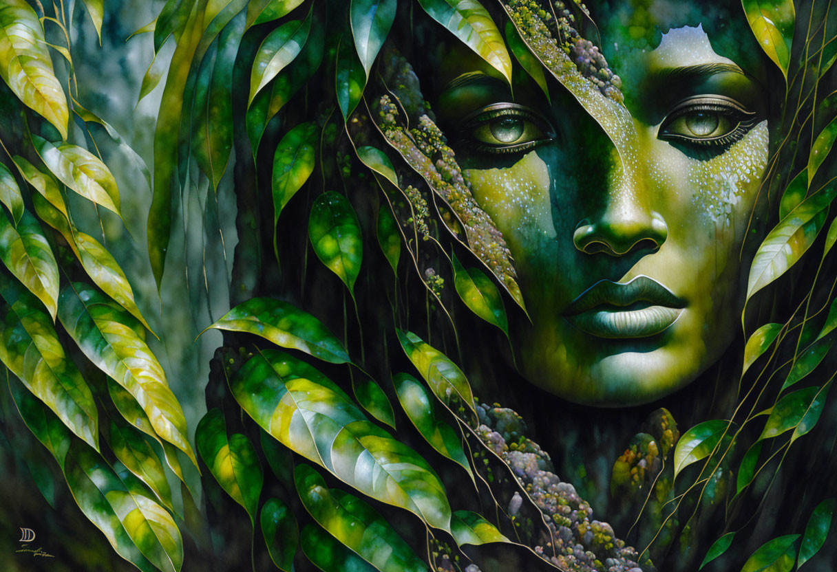 Surreal painting of woman's face merging with lush green leaves