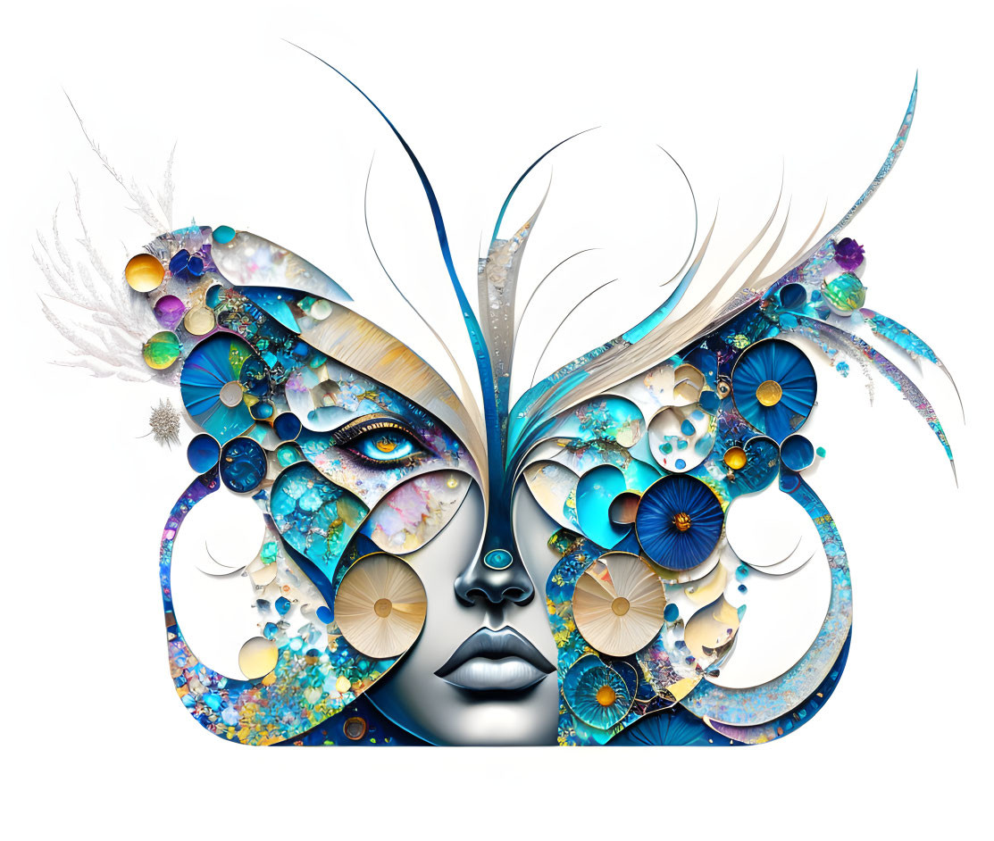 Colorful illustration of female face with butterfly wings and feather hair accessories
