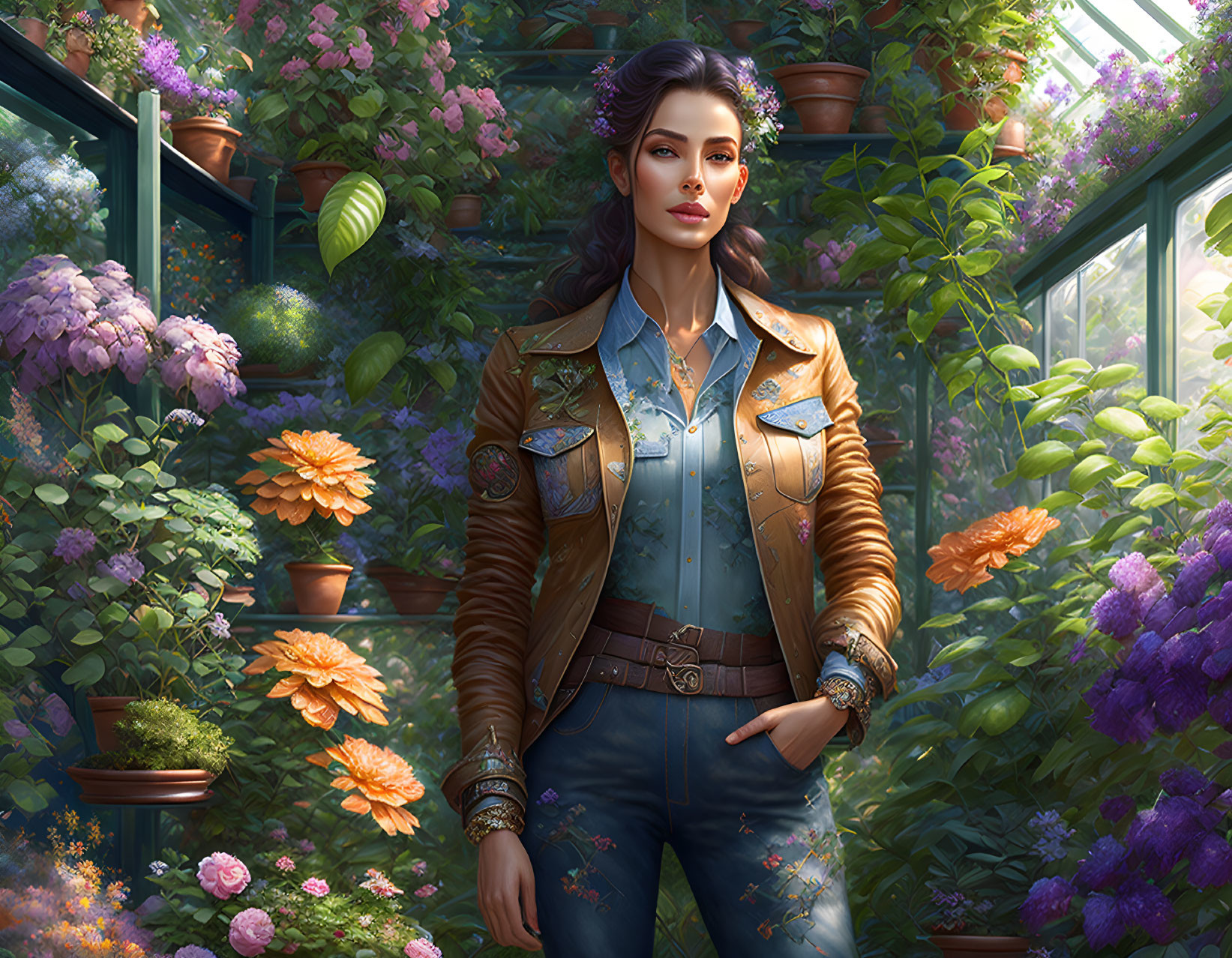 Woman in denim and leather jacket surrounded by flowers in a sunlit greenhouse
