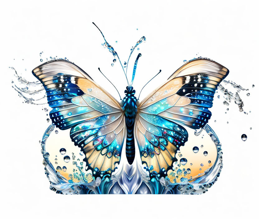 Blue and Gold Butterfly Artwork with Water Droplets on White Background