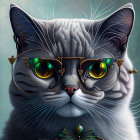 Vibrant digital artwork of a cat with colorful patterns and green eyes