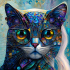 Colorful Digital Artwork: Cat with Futuristic Goggles and Intricate Details