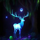Mystical neon blue deer in enchanted forest with glowing antlers