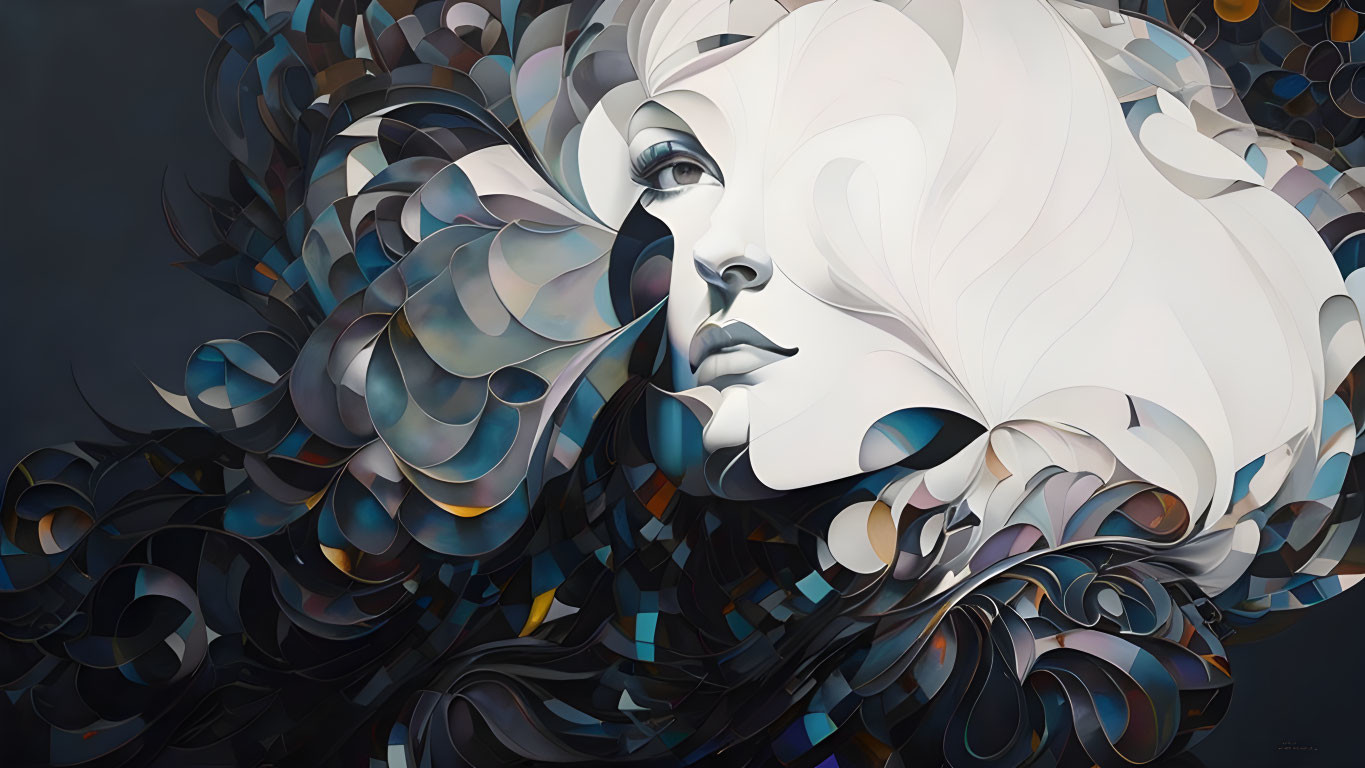 Stylized portrait of woman with white hair and dark, iridescent feathers/scales