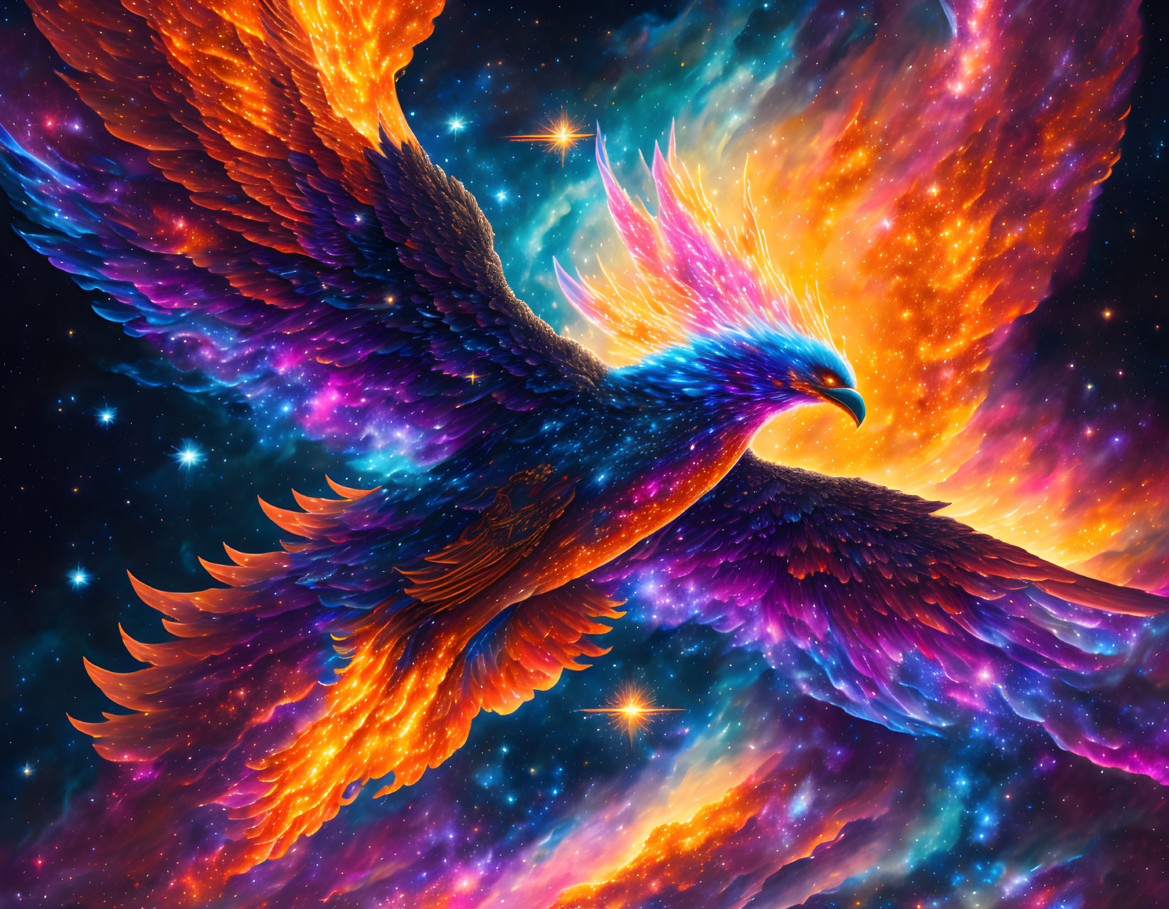 Colorful cosmic phoenix flying through starry nebula