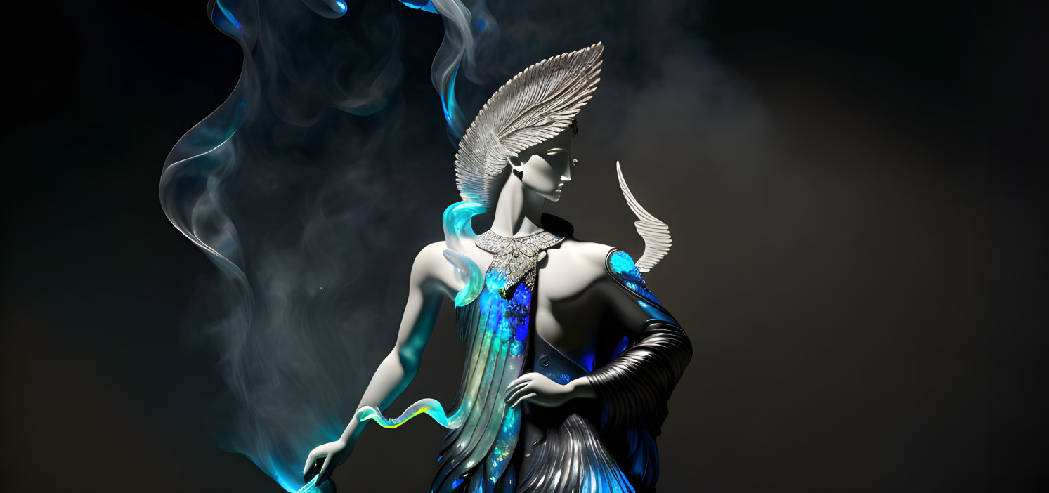 Stylized 3D illustration of angelic figure in black suit and blue dress with wings,