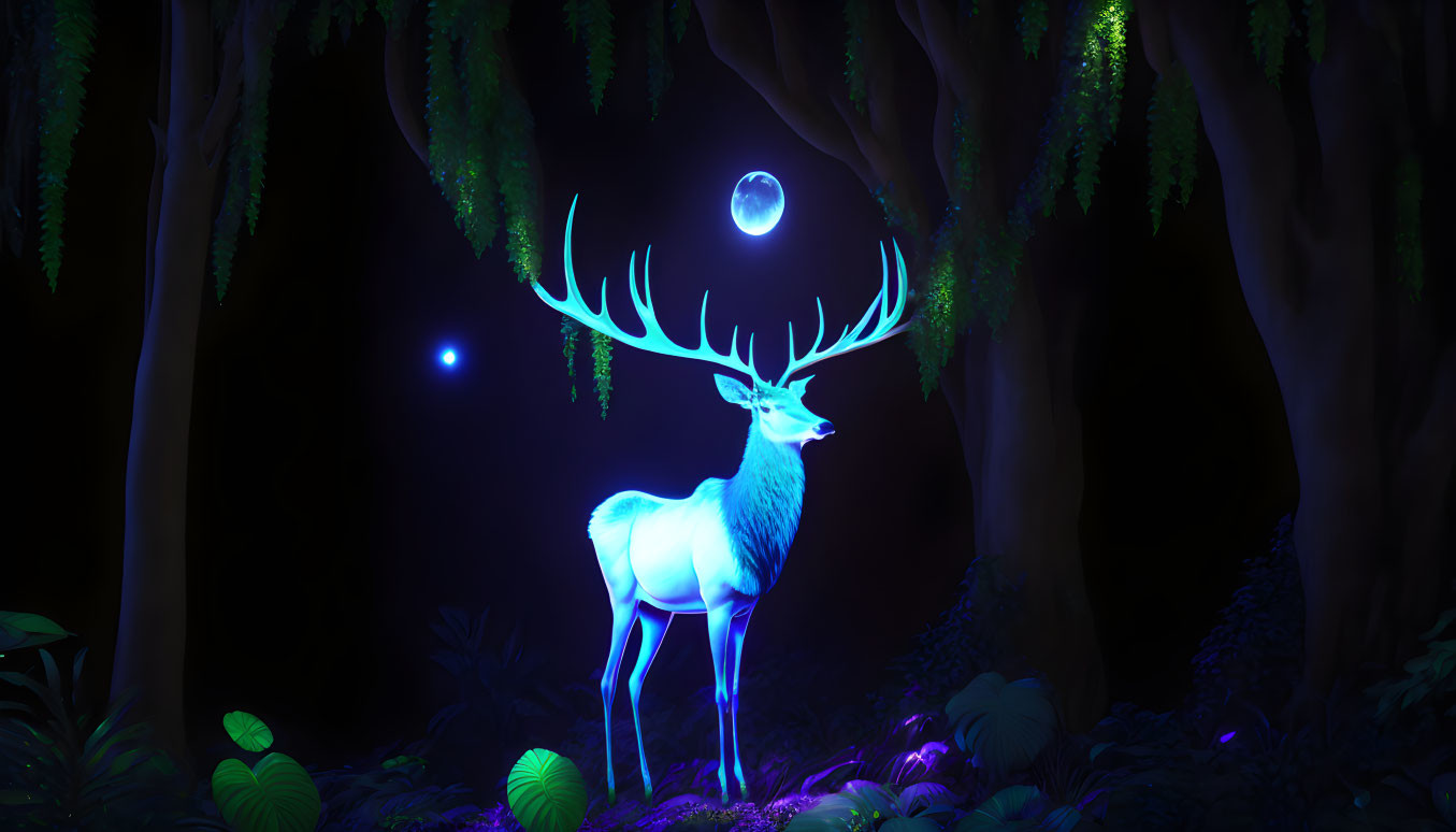 Majestic white stag in mystical nighttime forest with blue light and floating orbs