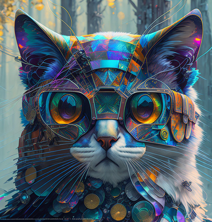Colorful Digital Artwork: Cat with Futuristic Goggles and Intricate Details
