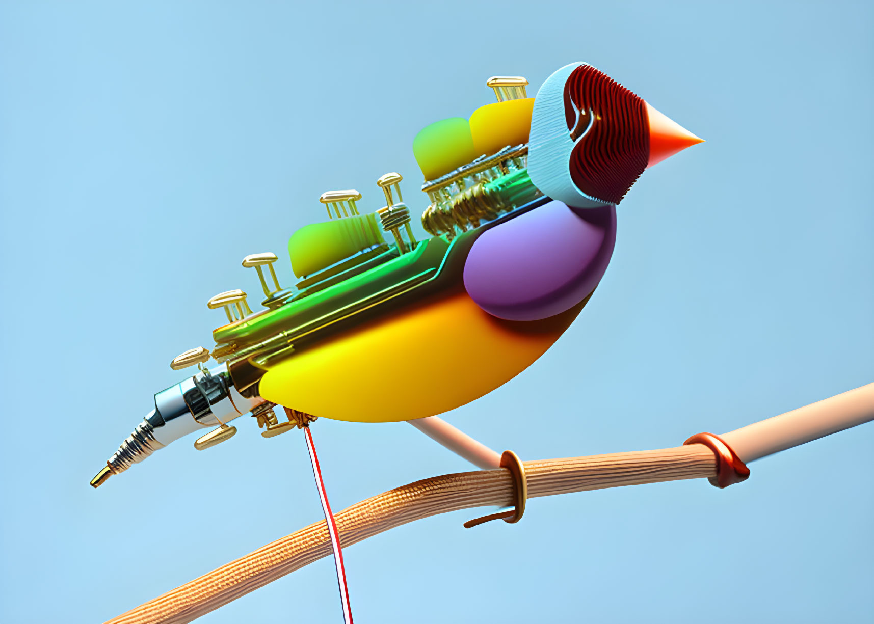 Colorful mechanical bird with plunger & gears perched on branch against blue background