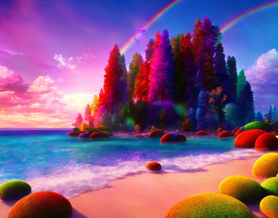 Colorful Sunset Beachscape with Rainbow and Moss-Covered Rocks