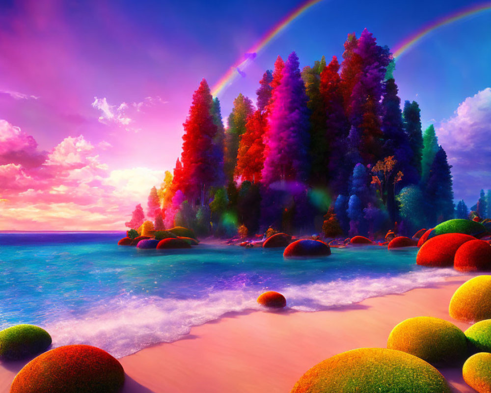 Colorful Sunset Beachscape with Rainbow and Moss-Covered Rocks
