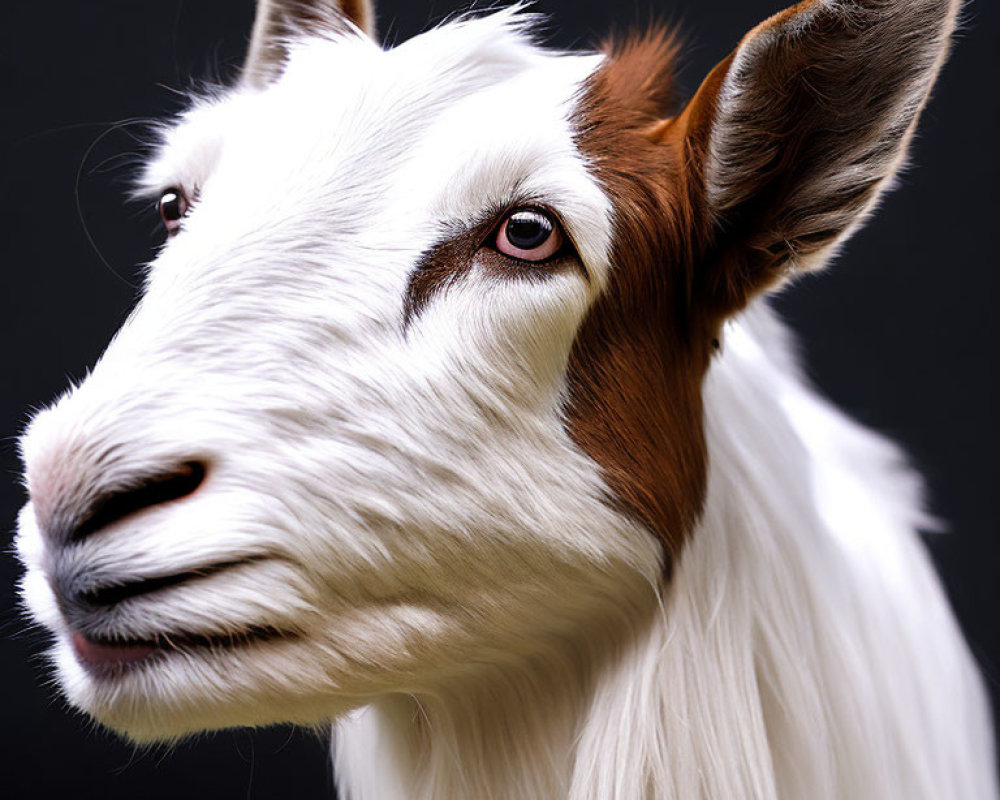 Detailed Close-up of White and Brown Fur Goat on Black Background