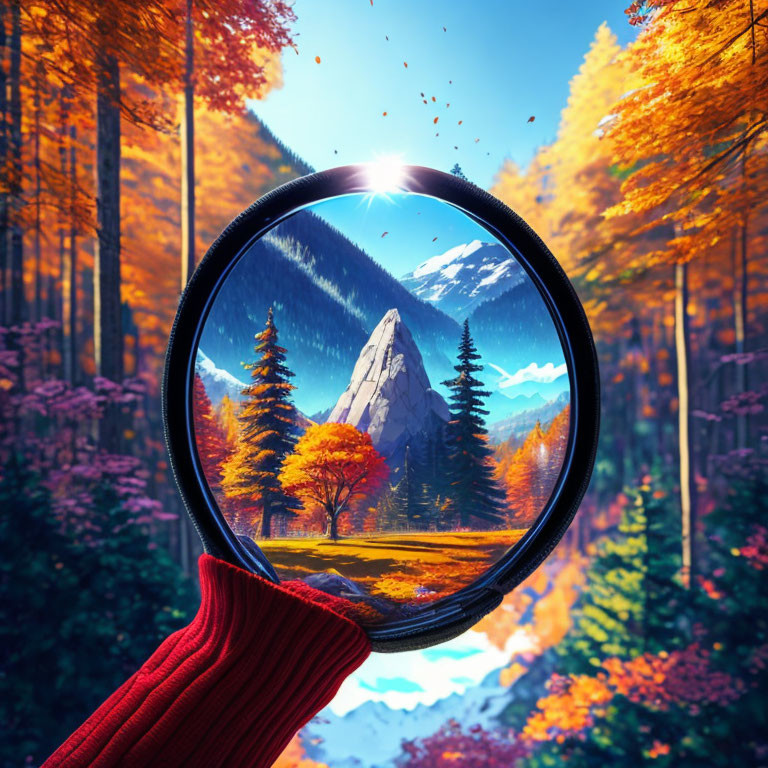 Red-sleeved hand holding magnifying glass reveals autumn forest and mountains