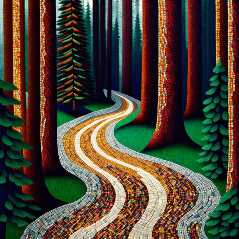 Vivid Mosaic Forest Path Through Pixel Trees