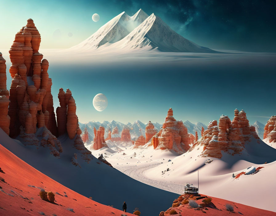 Majestic snow-covered peaks in surreal landscape with rocky spires and planets in twilight sky