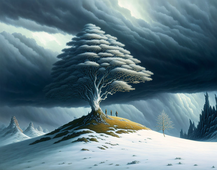 Snow-covered hill with lone tree and figures under dramatic sky