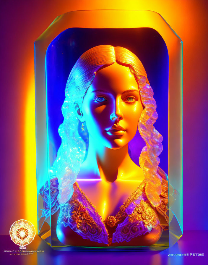 Vibrant illuminated bust of a woman in transparent container on warm gradient backdrop