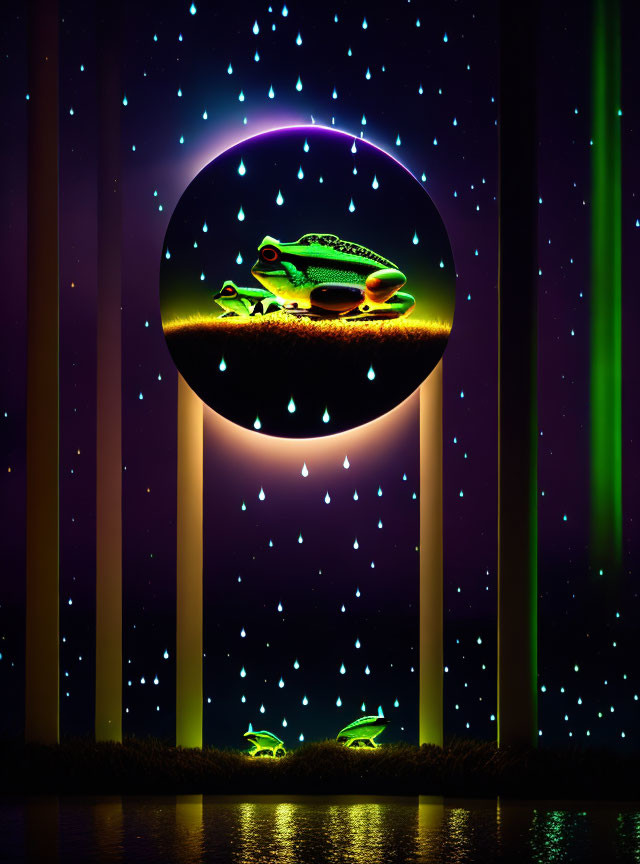 Futuristic neon-lit artwork of glowing-eyed frogs under circular frame