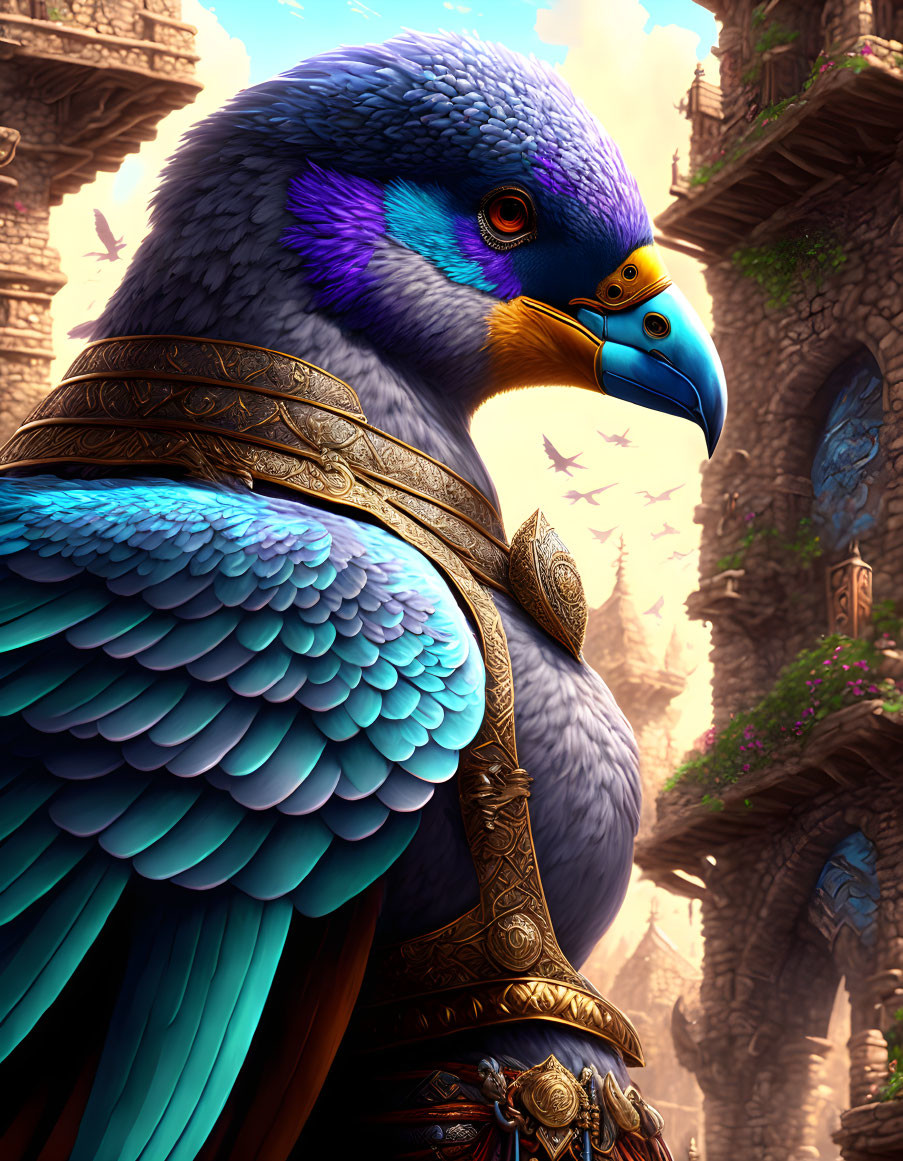 Majestic fantasy eagle in blue feathers and golden armor against ancient stone structures.