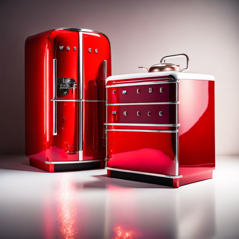 Red Retro-Style Refrigerator & Toaster Set on Reflective Surface
