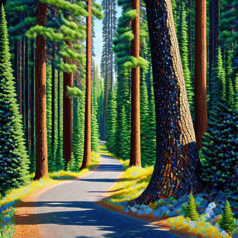 Sunlit Forest Path Through Tall Pine Trees