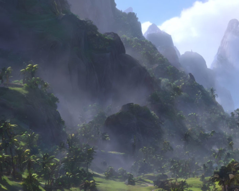 Scenic green valley with fog, trees, and cliffs under blue sky