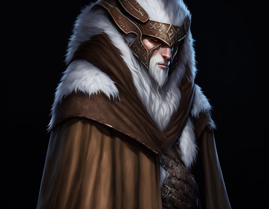 Medieval warrior in fur cloak and ornate helmet on dark background