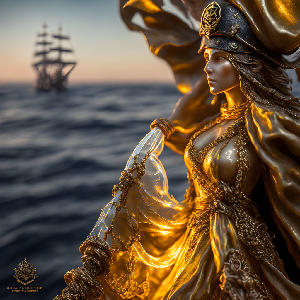 Golden-clad figure with hourglass by sea at sunset