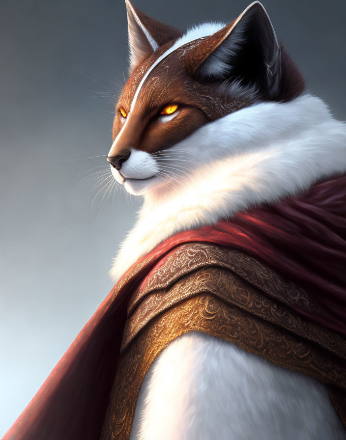 Anthropomorphic cat with white and brown fur in regal red cloak