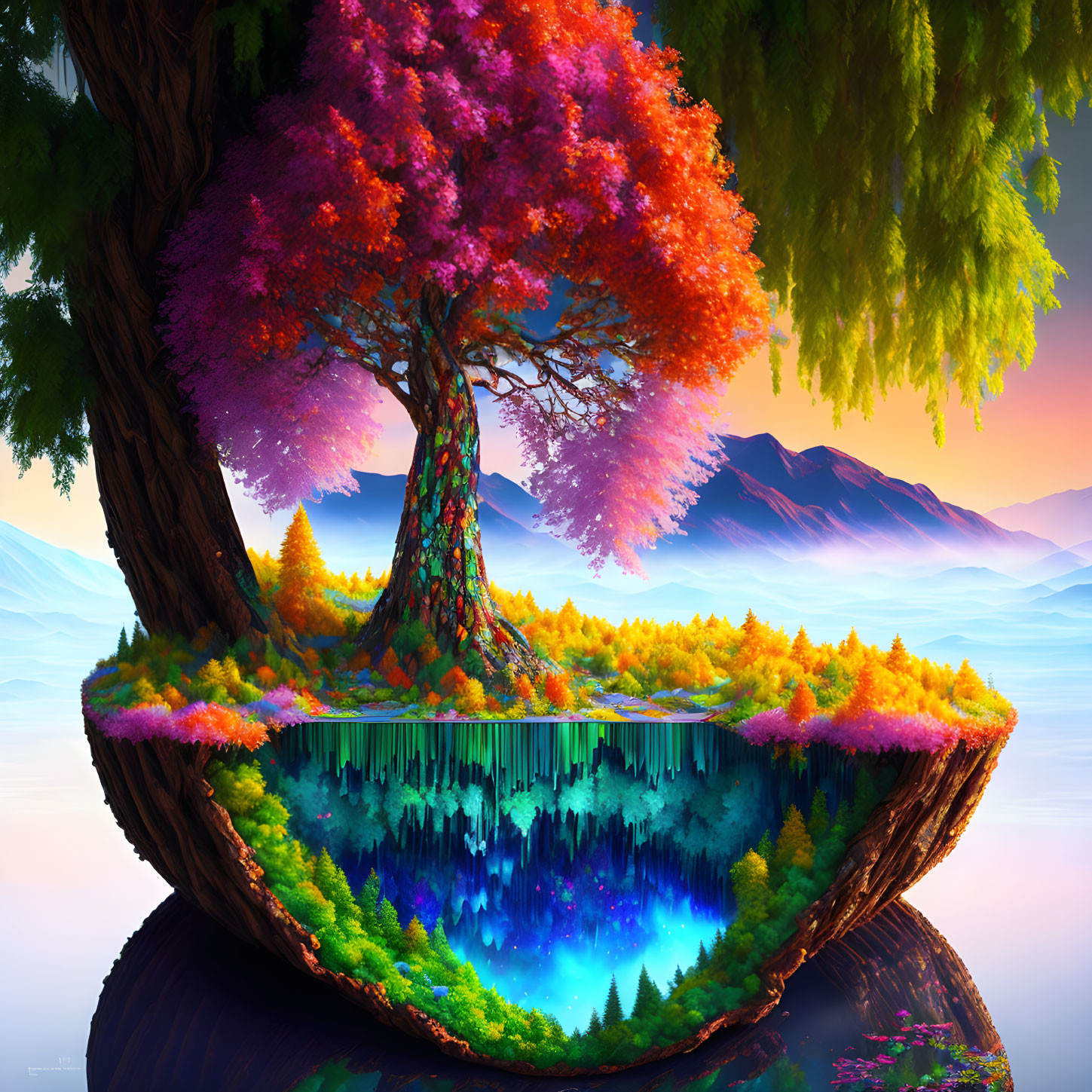 Fantasy landscape with colorful tree roots forming circular island