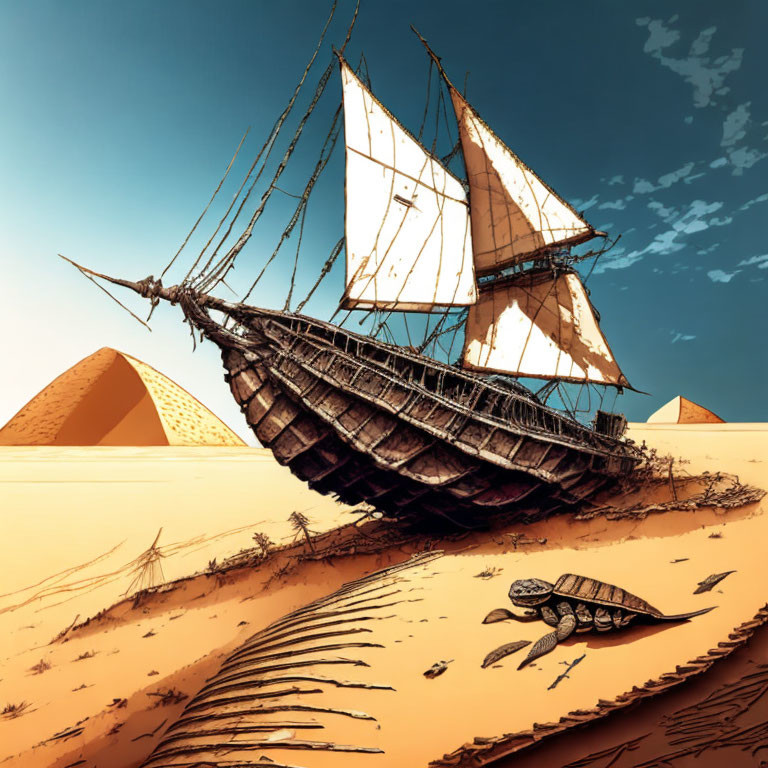 Illustration of old shipwreck in desert with pyramids, tortoise, and blue sky