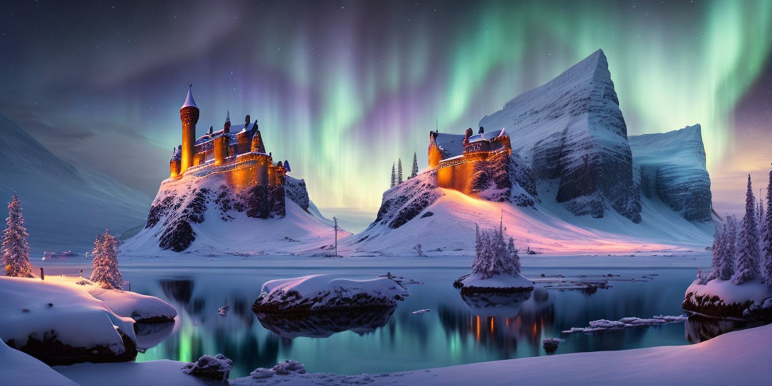 Majestic Castle Night View with Northern Lights
