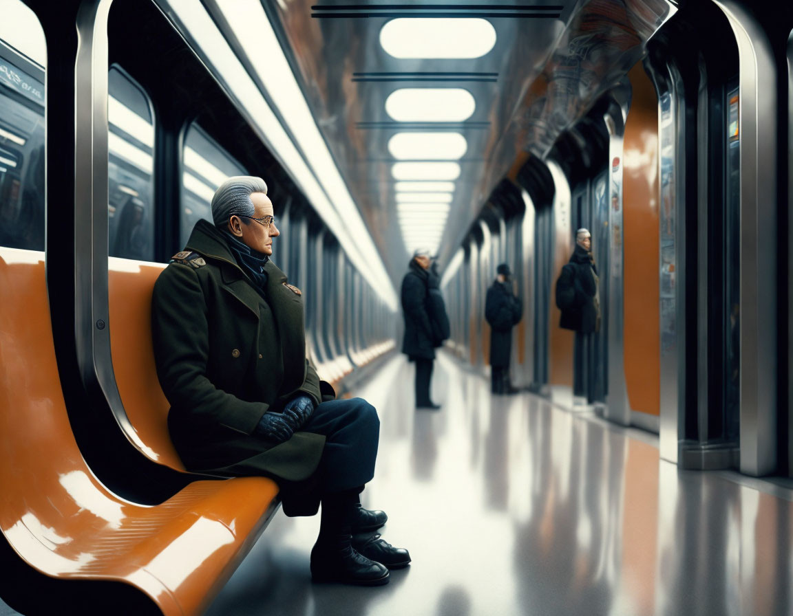Elderly Man in Military Uniform on Subway Train
