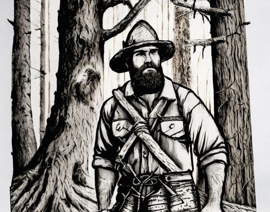 Monochrome illustration of bearded man with axe in forest