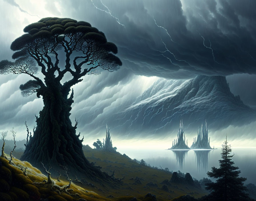 Majestic tree in fantastical landscape under stormy sky