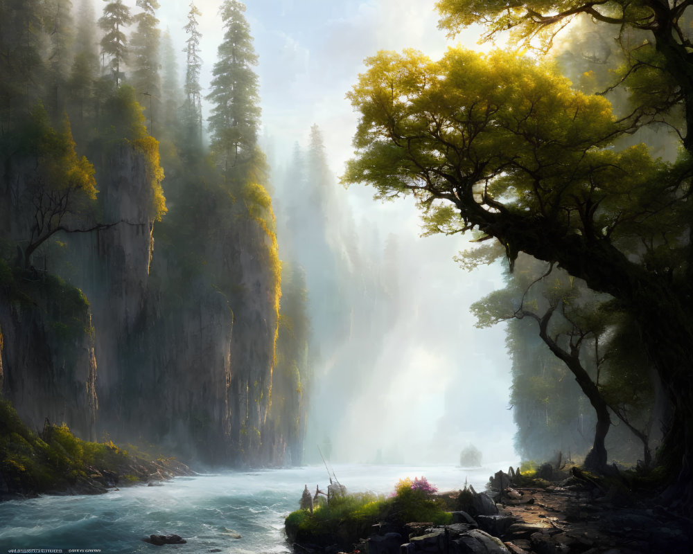 Tranquil river in forested canyon with sunbeams illuminating cliffs