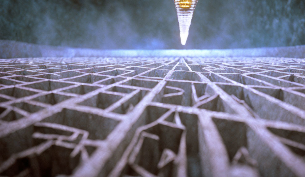 Complex Geometric Maze with Glowing End Point in 3D Render