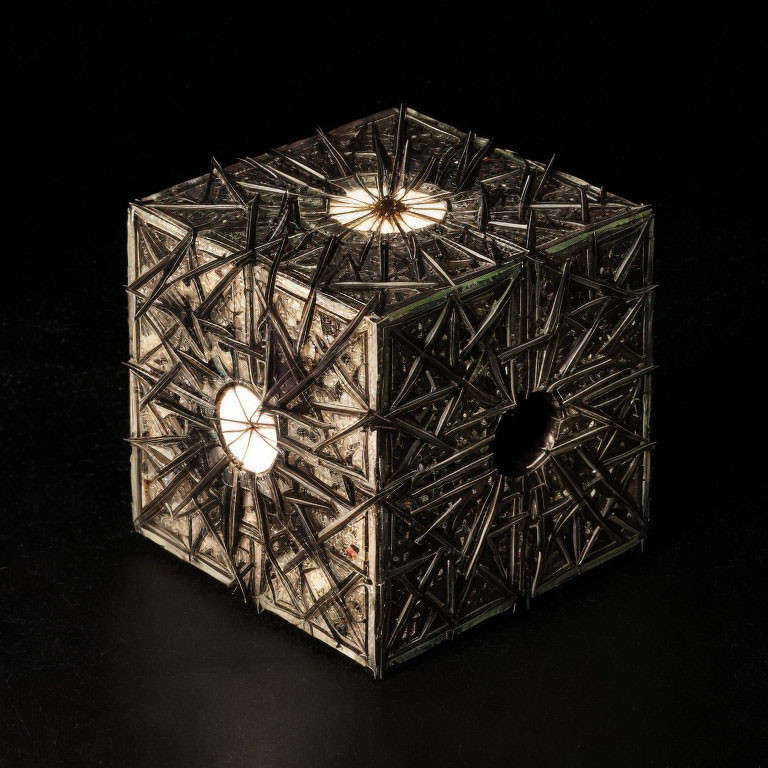 Intricate geometric lantern with cube-like structure and illuminated pattern