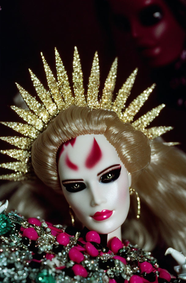 Dramatic makeup doll with sunburst crown and gemstone outfit.