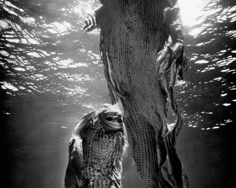 Black and white photo of man in textured monster costume with smaller creature in water
