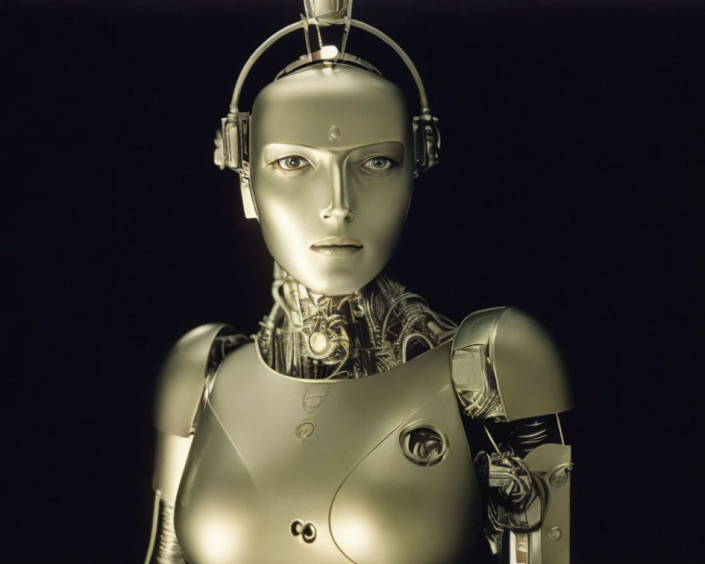 Android with humanoid face and exposed mechanical parts on black background