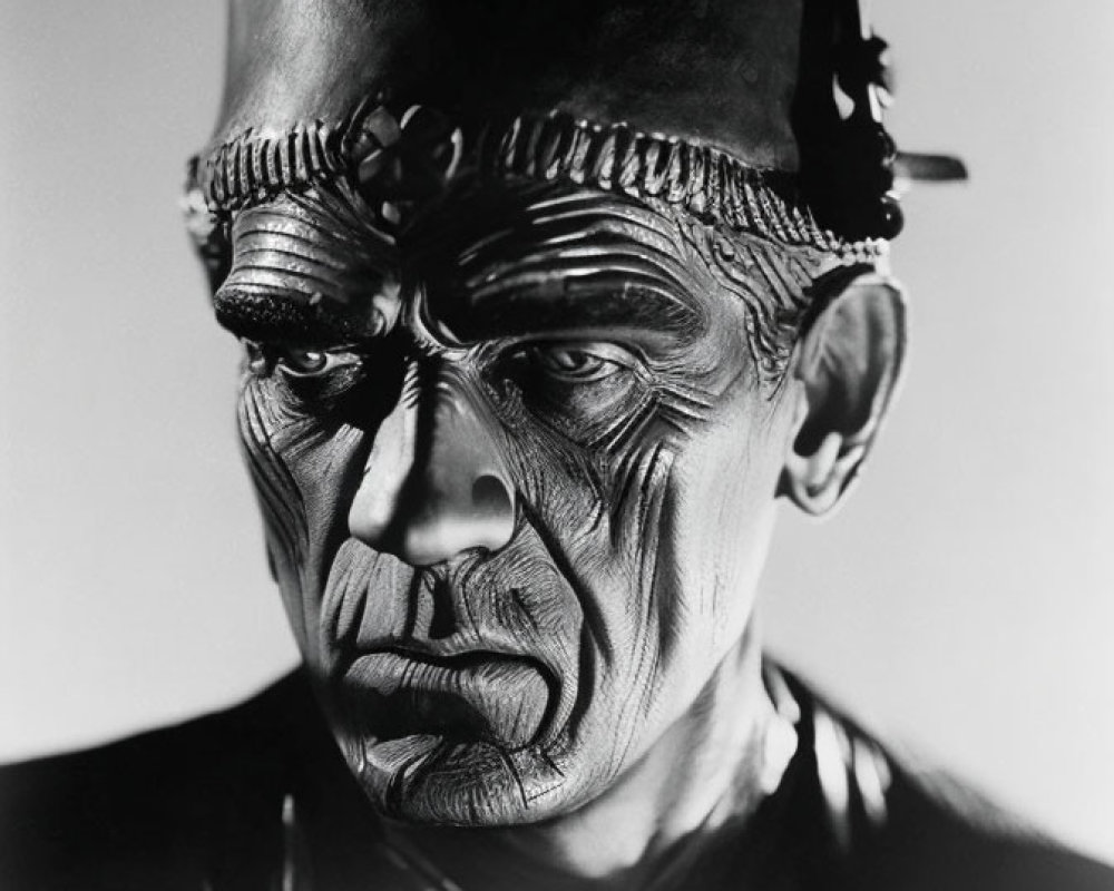 Monochrome portrait of person in dramatic Frankenstein's monster makeup
