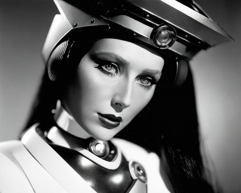 Monochrome image of a futuristic woman with robot-like attire and dramatic lighting