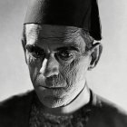 Monochrome portrait of person in dramatic Frankenstein's monster makeup