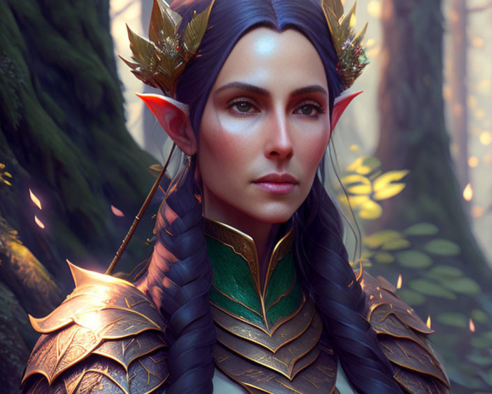 Elven character in golden leaf crown and armor in sunlit forest