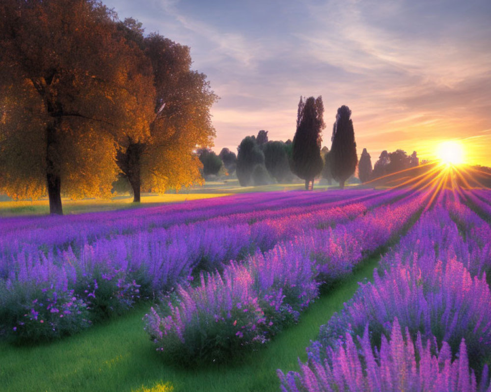 Vibrant lavender field at sunset with silhouetted trees