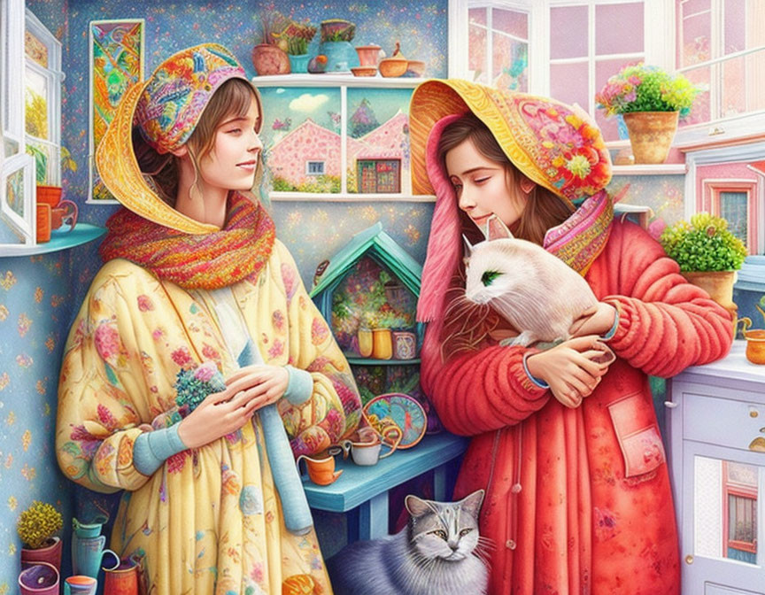 Two women in colorful outfits with floral patterns and hats holding cats in a vibrant room