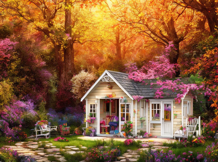 Charming cottage with vibrant garden at sunset