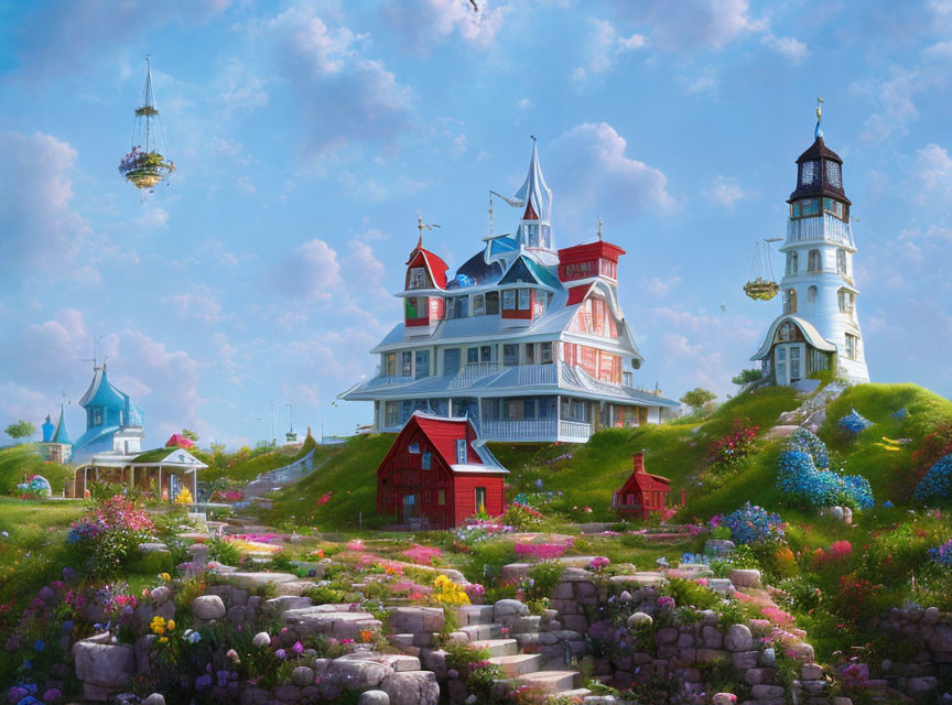 Victorian house, lighthouse, floating islands, colorful flowers landscape