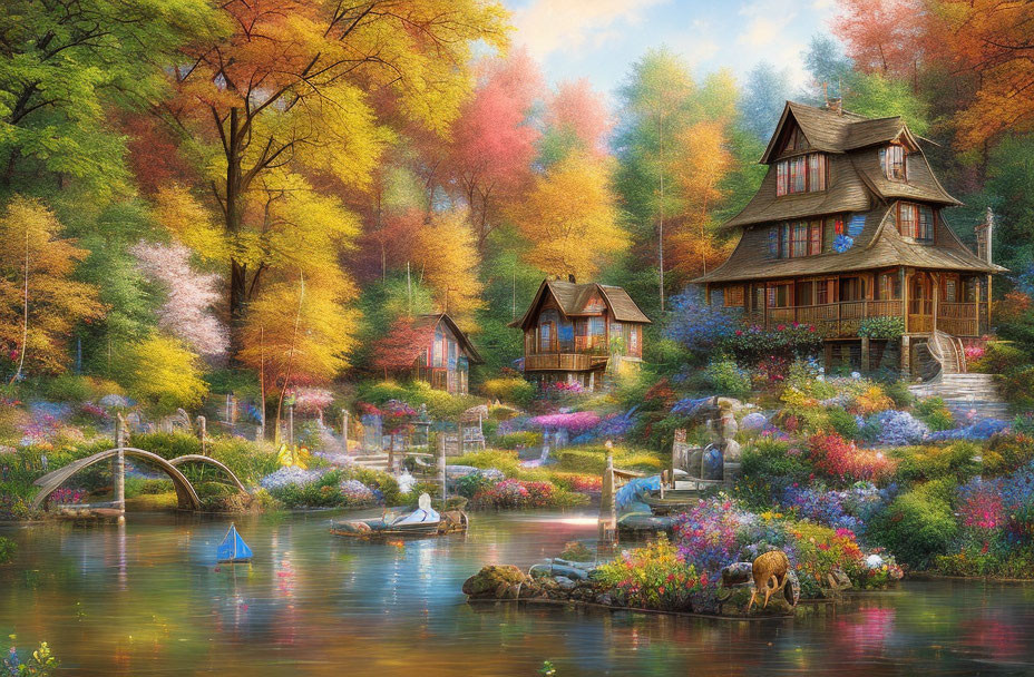 Tranquil landscape with pond, foliage, blossoms, houses, boats, and deer
